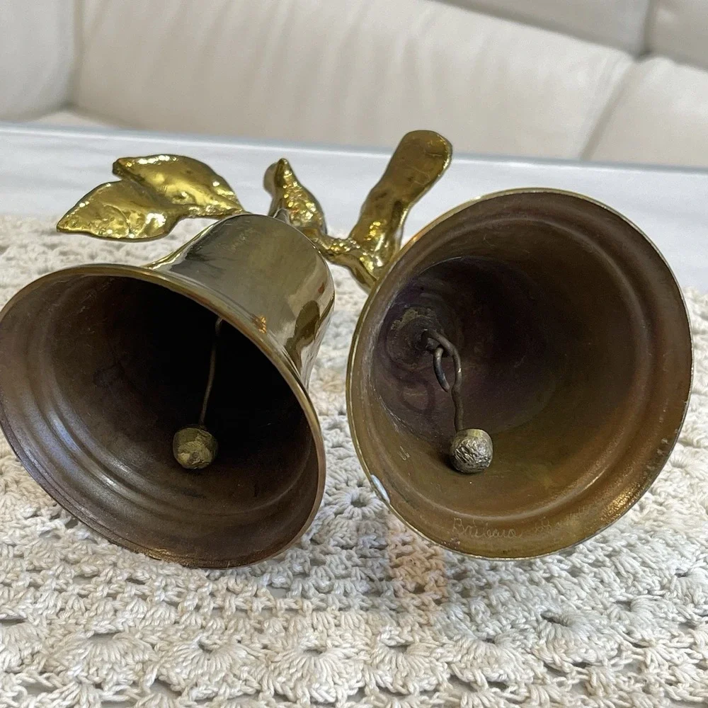 Vintage Signed Brass Double Bell Birds Branch Mid Century Modernist Decorative